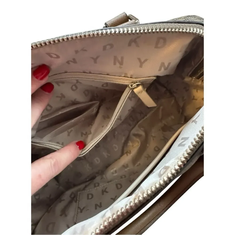 DKNY brown monogram bag is a DKNY Bryant Boston tote featuring an all-over logo